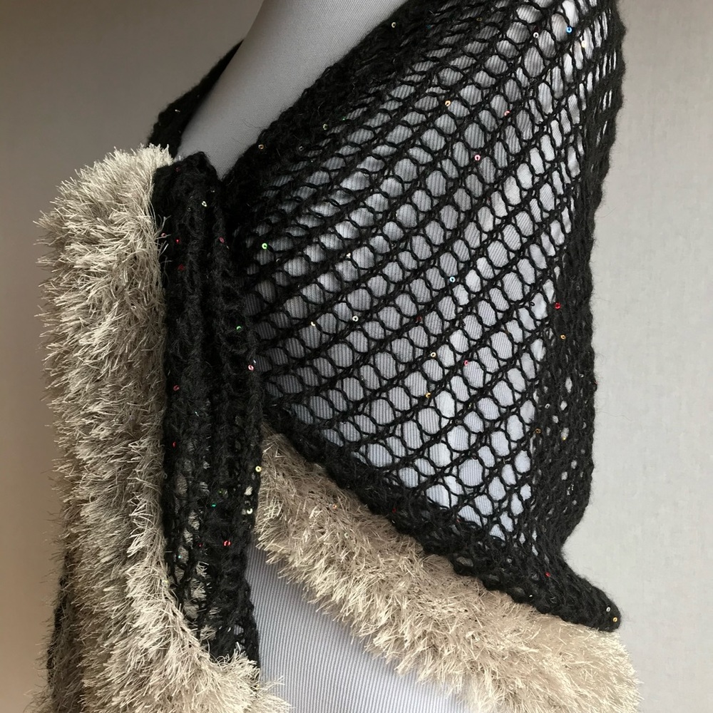 New Hand Knitted Shawl with Fur trim and sequins. Long scarf, Wrap.Gift for Her - Picture 13 of 16
